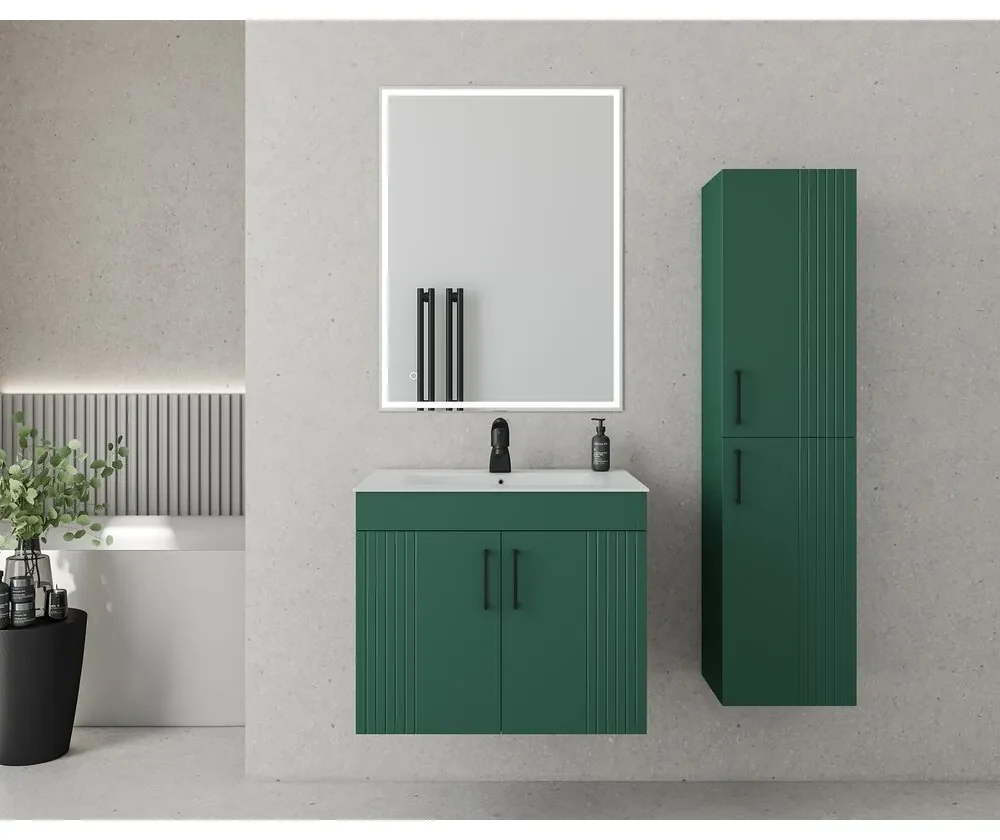 Set dulap baza suspendat Drop Lines Hera cu 2 usi verde si lavoar 60 cm alb