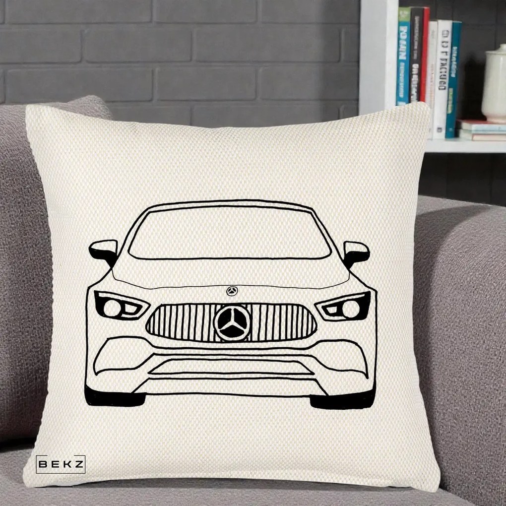 Perna Personalizata Mercedes-Benz Fata Linie, 40x40 cm, Crem Reliefat, Husa Detasabila, Perna Inclusa, BEKZ®