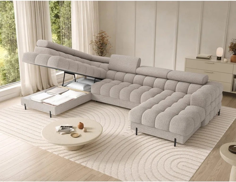 Colțar bej extensibil cu tapițerie din țesătură bouclé (cu colț pe partea stângă/în formă de "U") Feraria – ELTAP