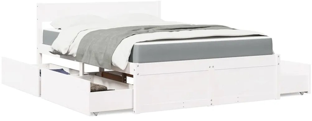 vidaXL Pat cu sertare și saltea, alb, 140x190 cm, lemn masiv pin