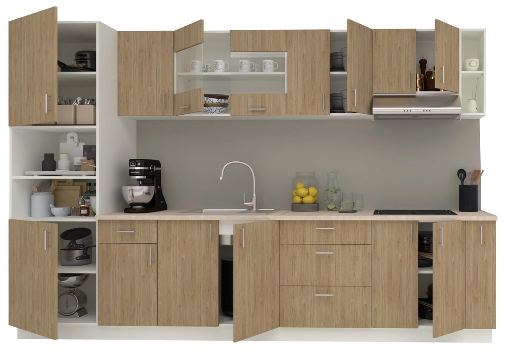 Set Bucatarie Karo V29, Lemn Natural/Alb, Blat Thermo 28 mm, L 320 cm