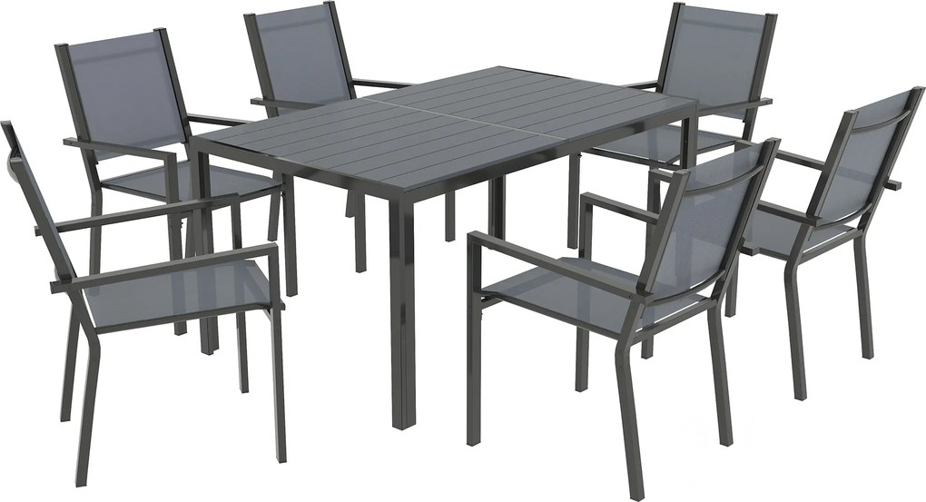 Outsunny Set Masă de Grădină cu Scaune, 7 Piese, Set de Prânz cu Masă cu Blat din Lemn Compozit cu Șipci și 6 Scaune de Exterior Stivuibile, Mobilier din Oțel cu Texteline, Gri și Negru | Aosom Romania