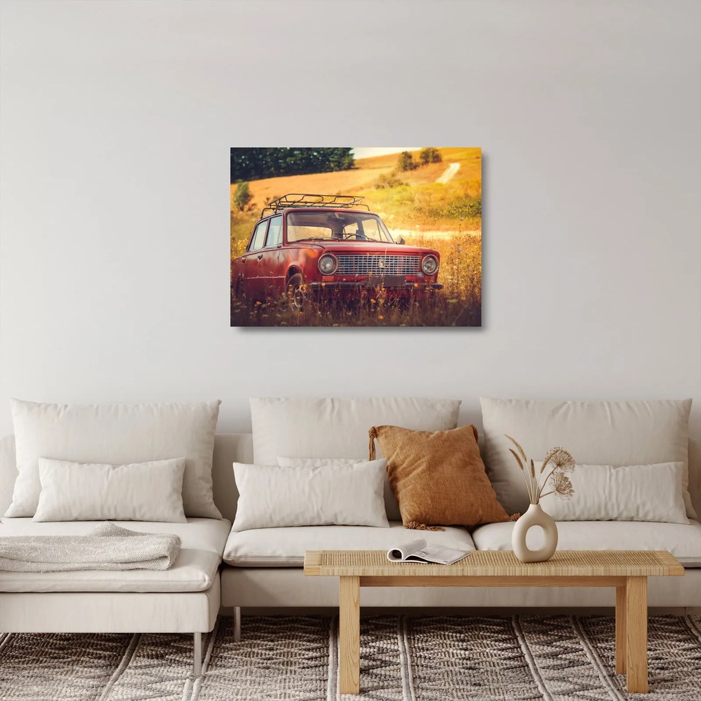 Tablou pe sticlă cu mașină în câmp (70x50 cm)