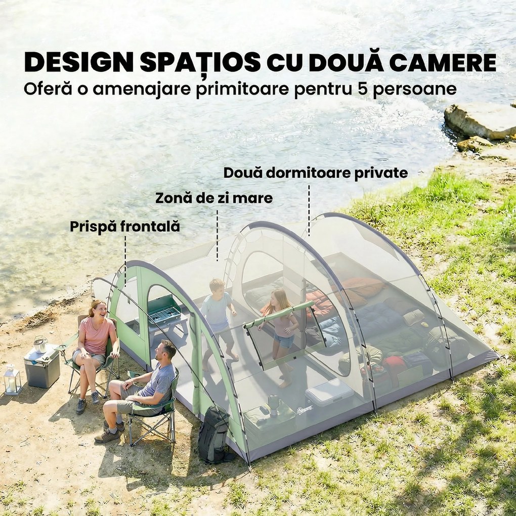 Outsunny Cort Mare Multi-Cameră pentru 2-4 Persoane, cu Ferestre și Verandă, Verde | Aosom Romania