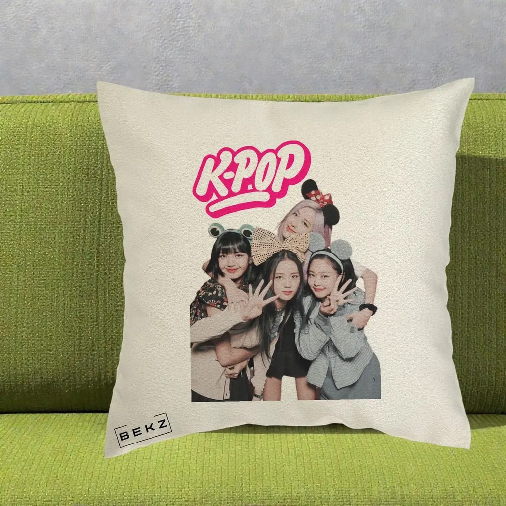Perna Personalizata BLACKPINK K-Pop Grup Pozitii Amuzante, 40x40 cm, Ecru, Husa Detasabila, Perna Inclusa, BEKZ®