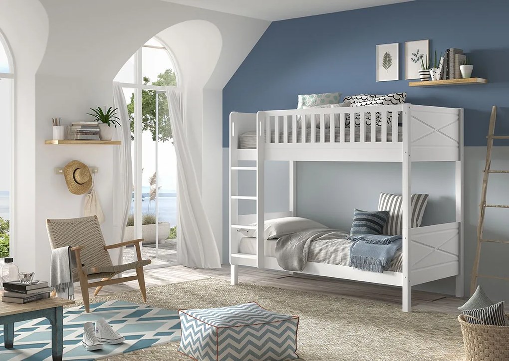 Pat supraetajat pentru copii SCOTT, alb, 90 x 200 cm, din pin scandinav și MDF, cu somiere incluse și 2 sertare pentru depozitare – Vipack