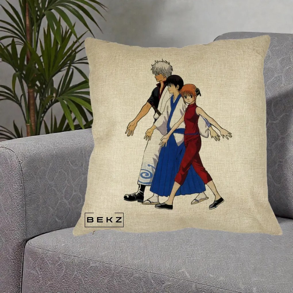 Perna Personalizata Gintama Trio Gintoki Shinpachi Kagura, 40x40 cm, Crem, Husa Detasabila, Perna Inclusa, BEKZ®