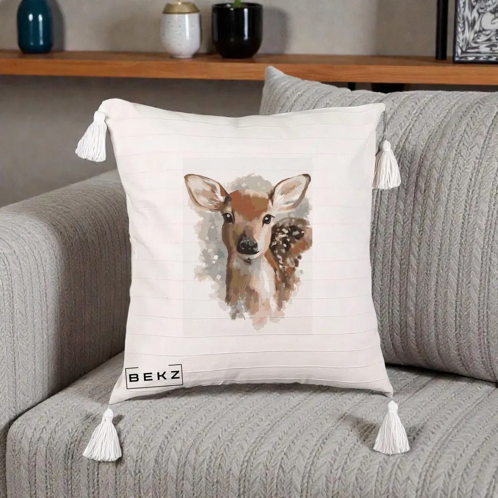 Perna Decorativa Caprioara Pui Acuarela, 40x40 cm, Bej cu Franjuri, Husa Detasabila, Perna Inclusa, BEKZ®