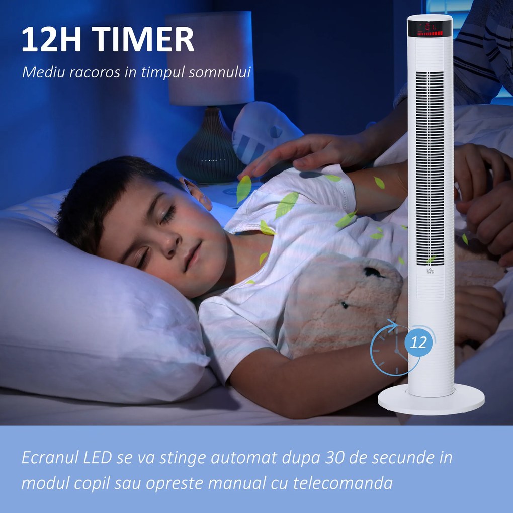 HOMCOM Ventilator de Turn cu Panou LED, 3 Viteze, 4 Moduri, 45W, Telecomandă, Alb | Aosom Romania