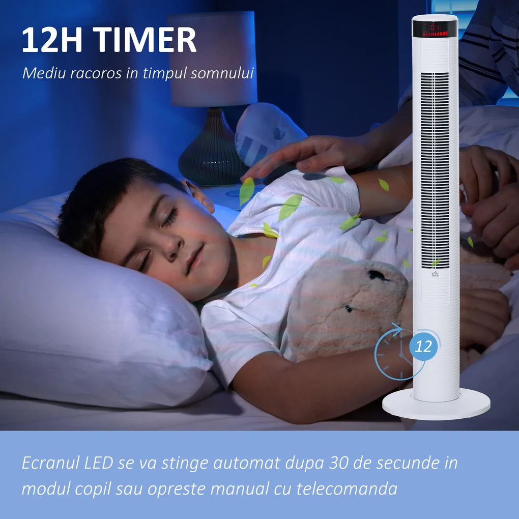 HOMCOM Ventilator de Turn cu Panou LED, 3 Viteze, 4 Moduri, 45W, Telecomandă, Alb | Aosom Romania