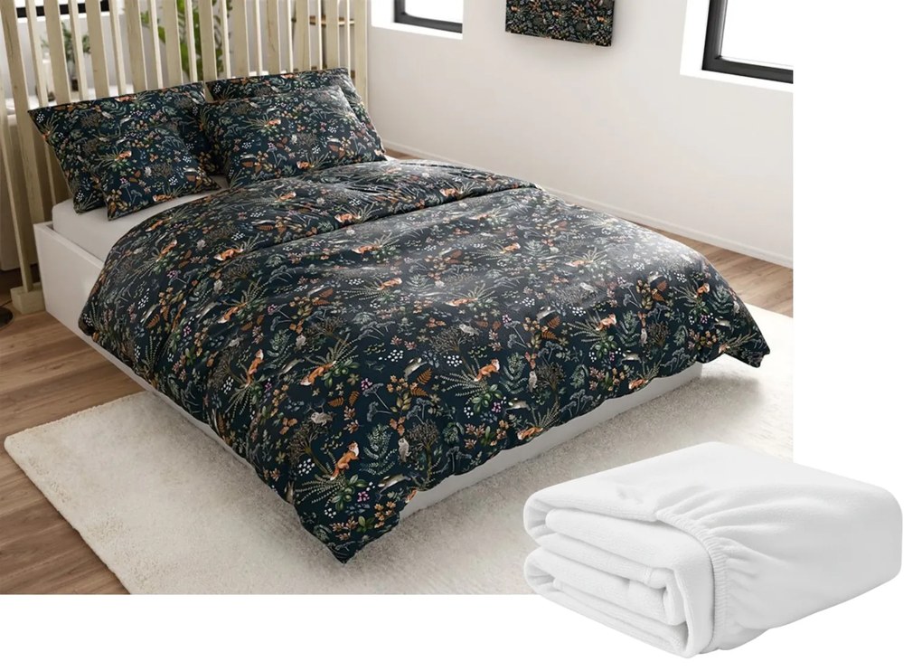 Set Lenjerie cocolino THE FOX AND THE HARE verde inchis + Cearsaf Cocolino microplus cu elastic SOFT 180x200 cm alb, pat dublu