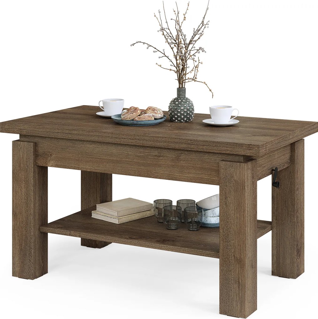 Mazzoni BRAWO Stejar Maro - MĂSUȚĂ DE CAFEA CU BLAT EXTENSIBIL ȘI RIDICABIL MASĂ CU RAFT