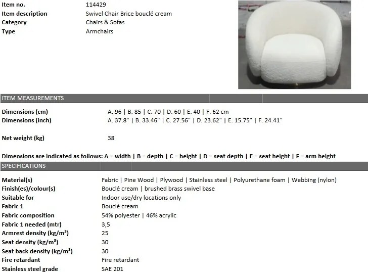 Fotoliu pivotant design elegant LUX Brice, bouclé cream 114429 HZ