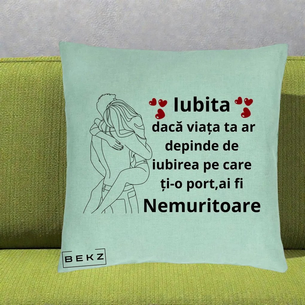 Cadou pentru Iubita - Perna Personalizata Iubita Nemuritoare cu Cuplu Line-Art si Inimi Rosii, 40x40 cm, Verde Menta, Husa Detasabila, Perna Inclusa, BEKZ®