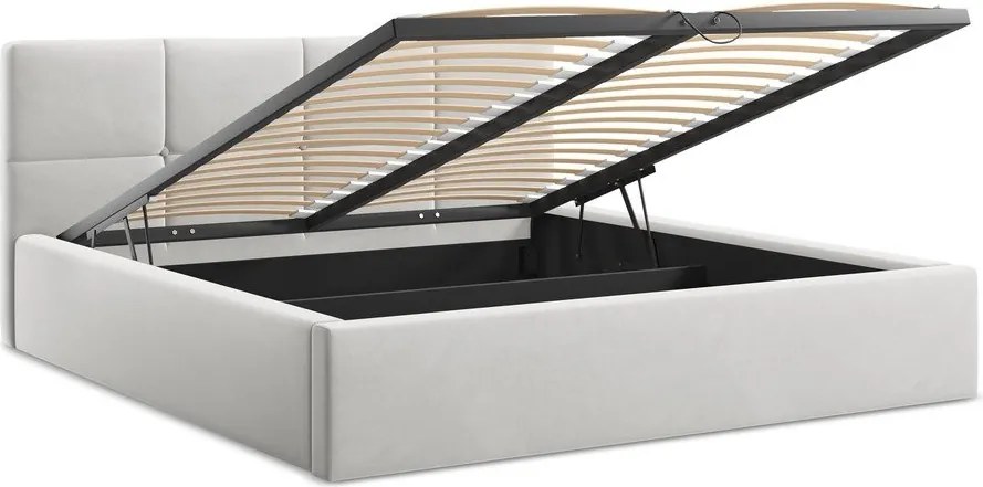 Pat matrimonial gri deschis tapițat din catifea cu spațiu de depozitare cu somieră 140x200 cm Hiko – Makamii