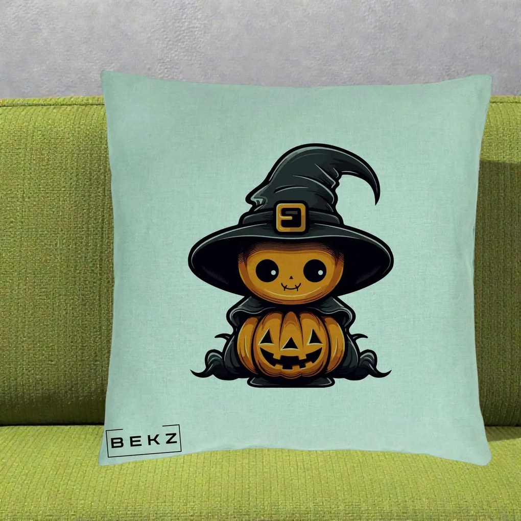 Perna Decorativa Halloween Dovleac Vrajitor Kawaii, 40x40 cm, Verde Menta, Husa Detasabila, Perna Inclusa, BEKZ®