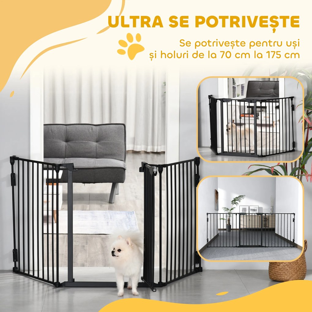 PawHut Poartă Metalică de Siguranță, Barieră pentru Câini cu Sistem de Autoînchidere, Reglabilă și Pliabilă, 180x3x74.5 cm, Negru | Aosom Romania