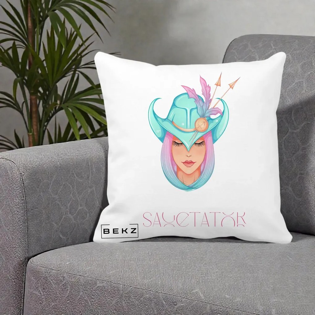 Perna Personalizata Zodiac Sagetator Cowgirl, 40x40 cm, Alba Mata, Husa Detasabila, Perna Inclusa, BEKZ®