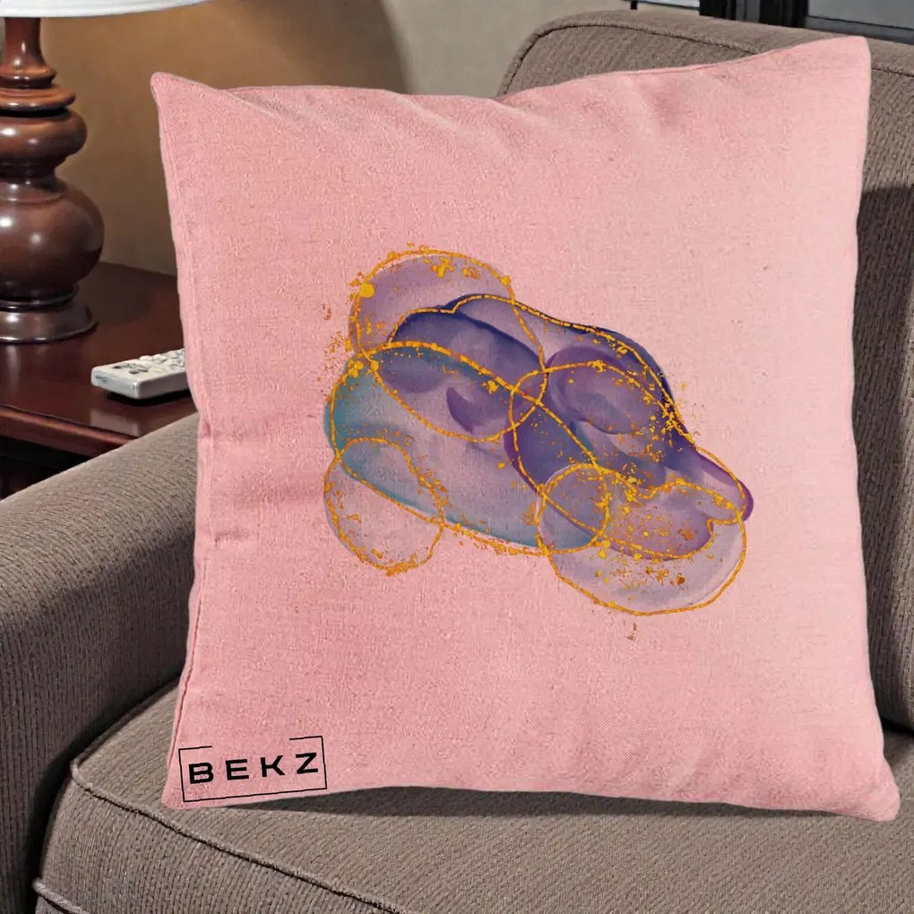 Perna Decorativa Abstract Acuarela Albastru-Mov cu Cercuri Aurii, 40x40 cm, Roz, Husa Detasabila, Perna Inclusa, BEKZ®