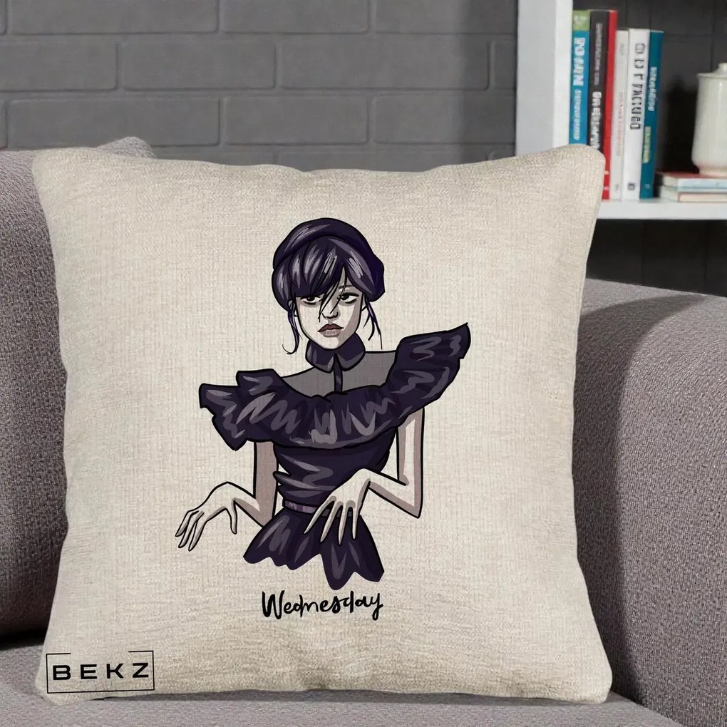 Perna Personalizata Wednesday Addams Dans Gotic, 40x40 cm, Bej Canapea, Husa Detasabila, Perna Inclusa, BEKZ®