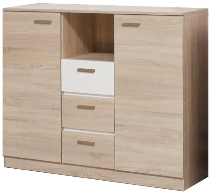 Dormitor Efect, culoare alb / sonoma, cu pat tapitat 160 x 200 cm, dulap 150 cm si comoda