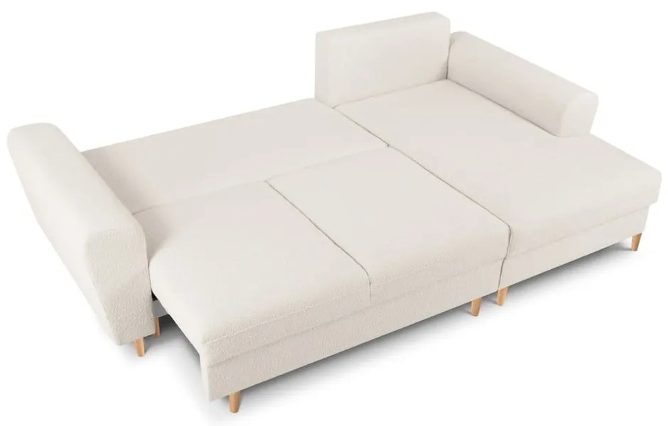 Colțar bej extensibil, cu spațiu de depozitare cu tapițerie din țesătură bouclé (cu colț pe partea dreaptă, cu șezlong) Kyoto – Cosmopolitan Design