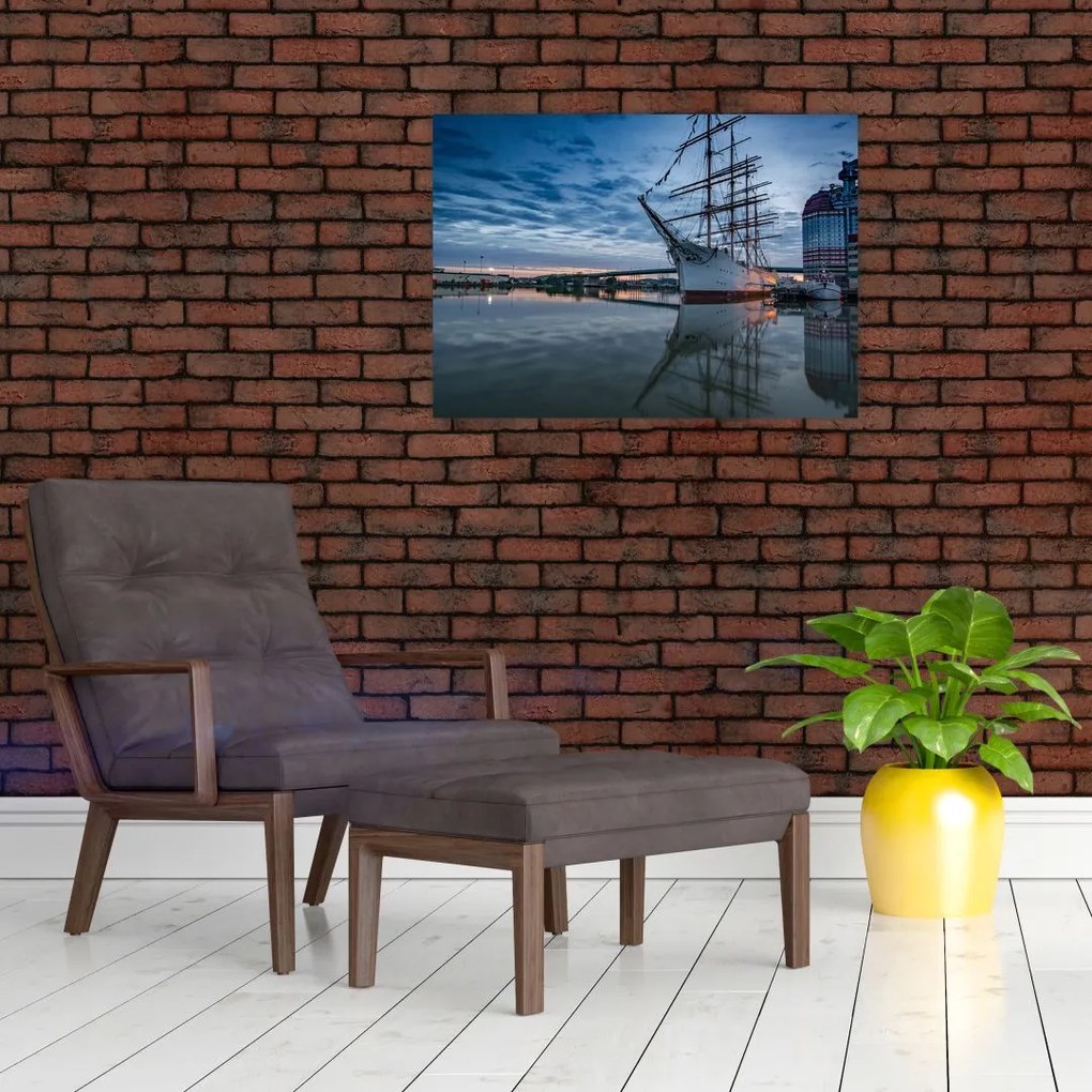 Tablou pe sticlă cu barcă cu pânze (70x50 cm)