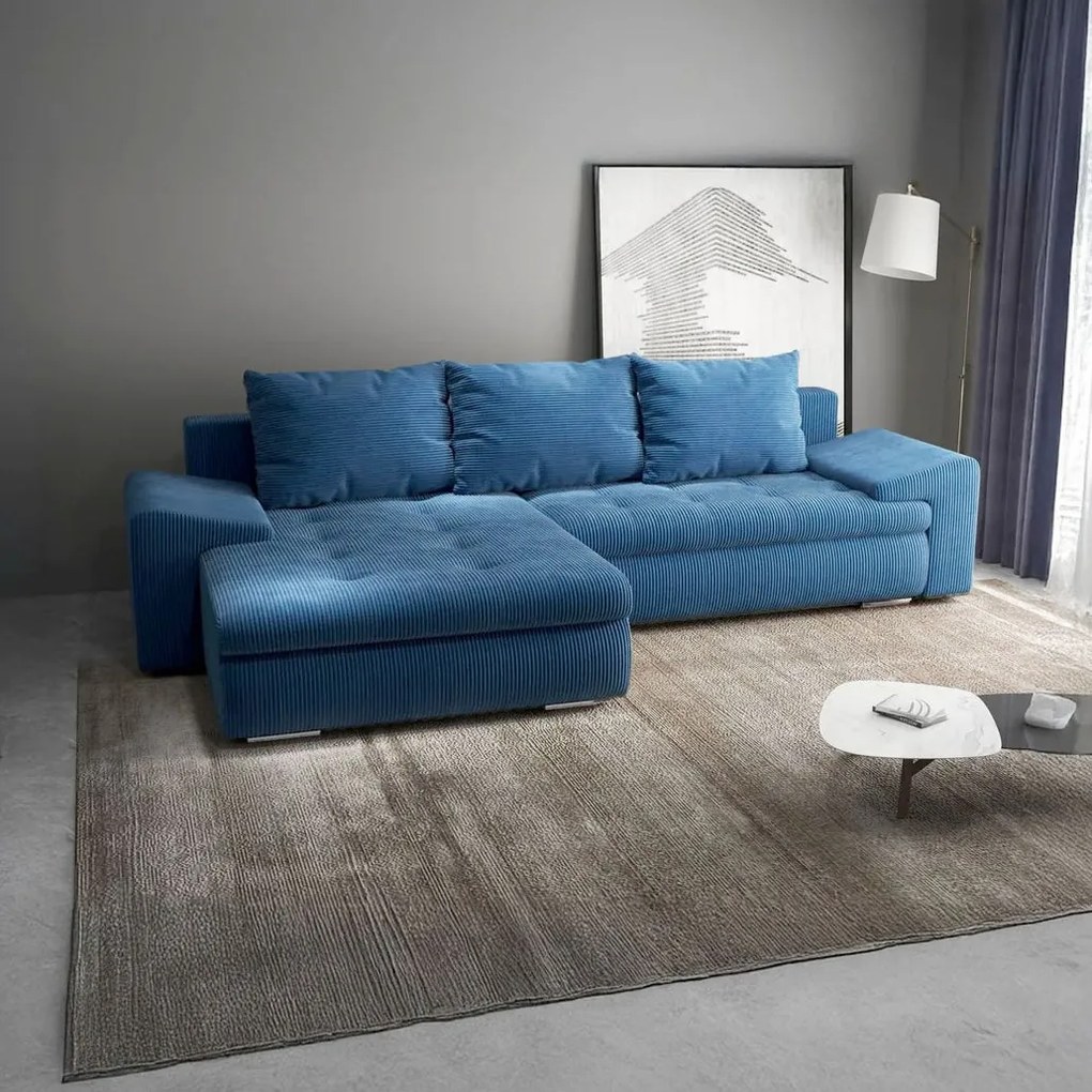 Colțar extensibil dumonde cu ladă de depozitare si sezut confortabil din spuma high-density, Leonardo Zoom Albastru 260x185 cm