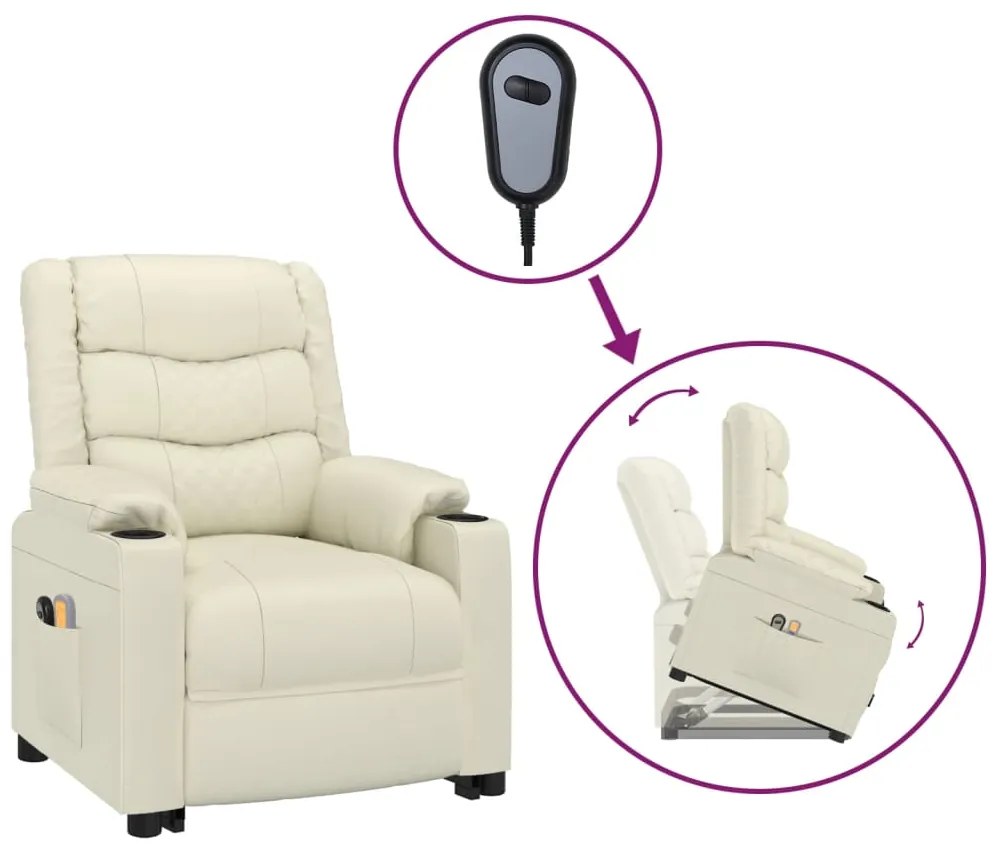 3143471 vidaXL Fotoliu de masaj cu ridicare, crem, piele ecologică