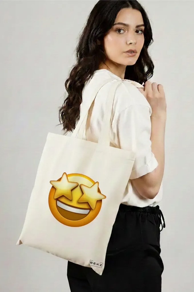 Sacosa de Panza pentru Cumparaturi, Geanta Tote, model Wow Emoji, 38x34.5 cm, Alba, BEKZ®
