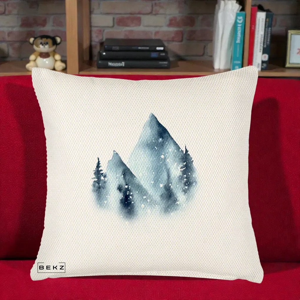Perna Decorativa Munti Inzapeziti Acuarela Indigo, 40x40 cm, Crem Reliefat, Husa Detasabila, Perna Inclusa, BEKZ®
