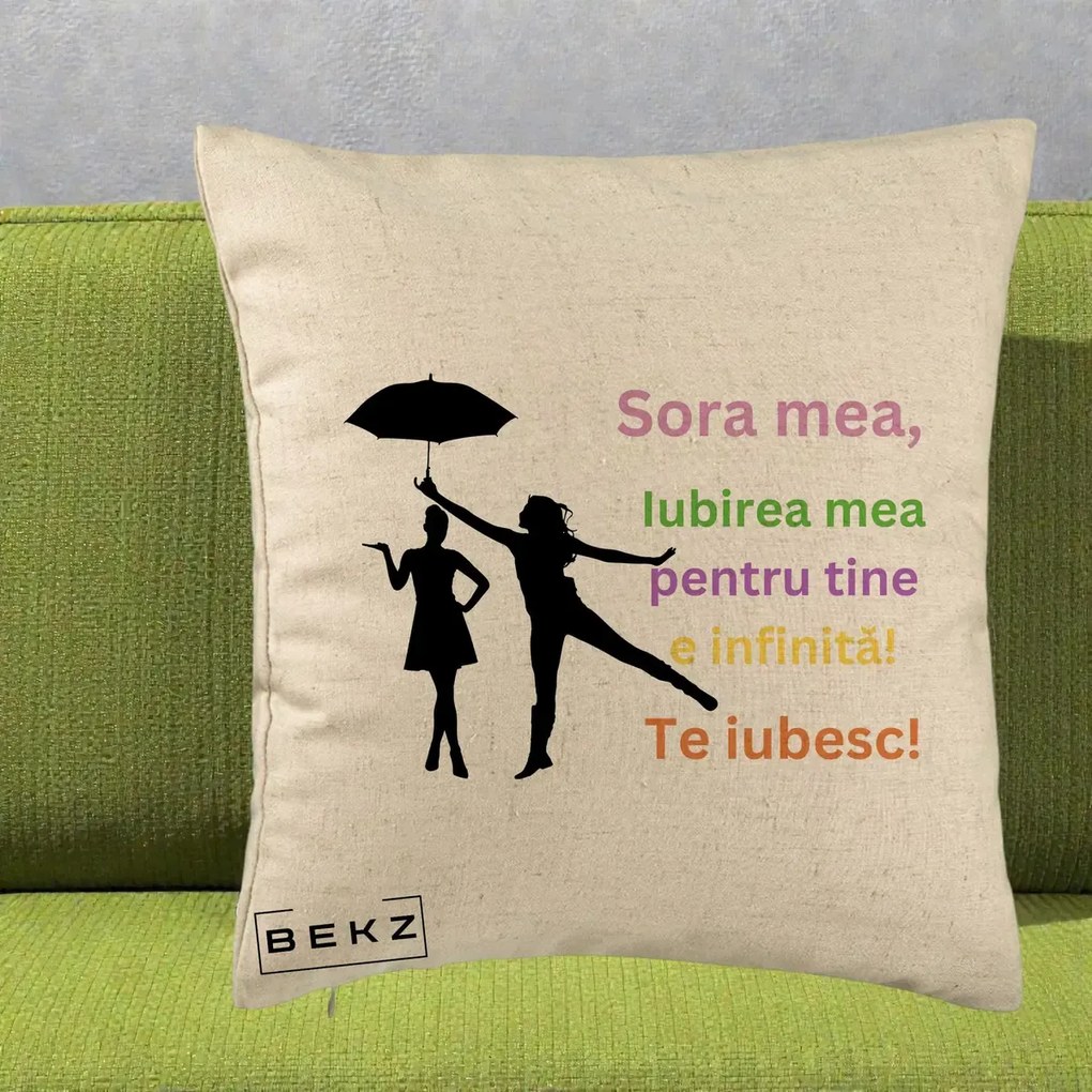 Perna personalizata sora: Sora mea, te iubesc, umbrela, text colorat, 40x40 cm cu Umplutura, Bej, BEKZ