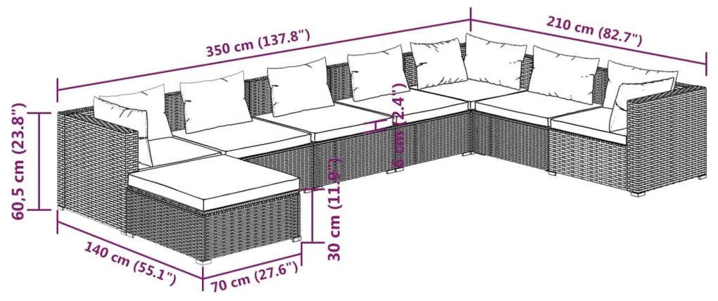 Set mobilier de gradina cu perne, 8 piese, maro, poliratan maro si rosu, 3x colt + 4x mijloc + suport pentru picioare, 1