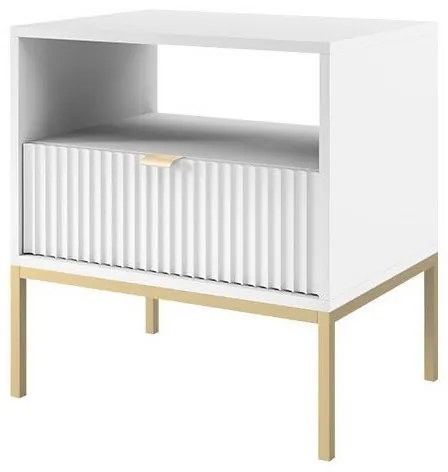NOA31 - Set 2x Noptiere albe 54x39x56 cm, riflaje, cu 1 sertar, dormitor - Alb-Auriu