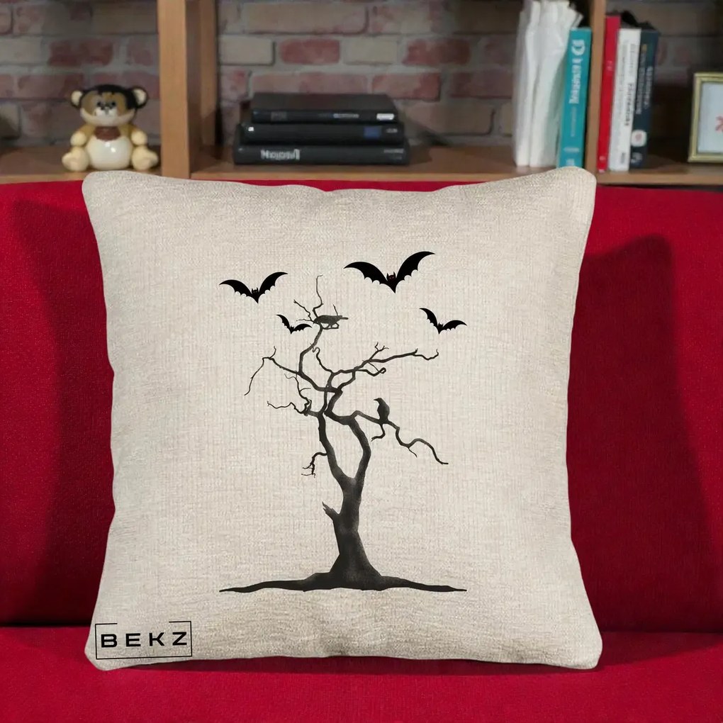 Perna Decorativa Halloween Copac cu Lilieci Alb-Negru, 40x40 cm, Bej Canapea, Husa Detasabila, Perna Inclusa, BEKZ®