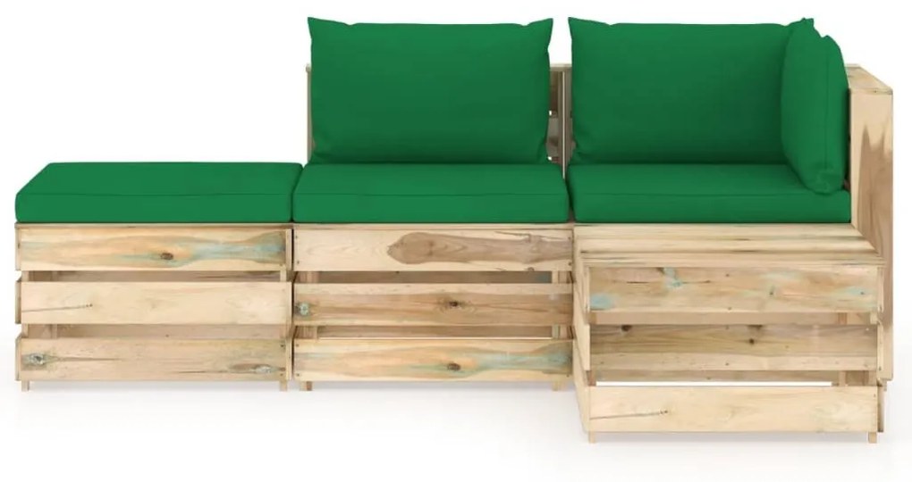 Set mobilier de gradina cu perne, 4 piese, lemn verde tratat