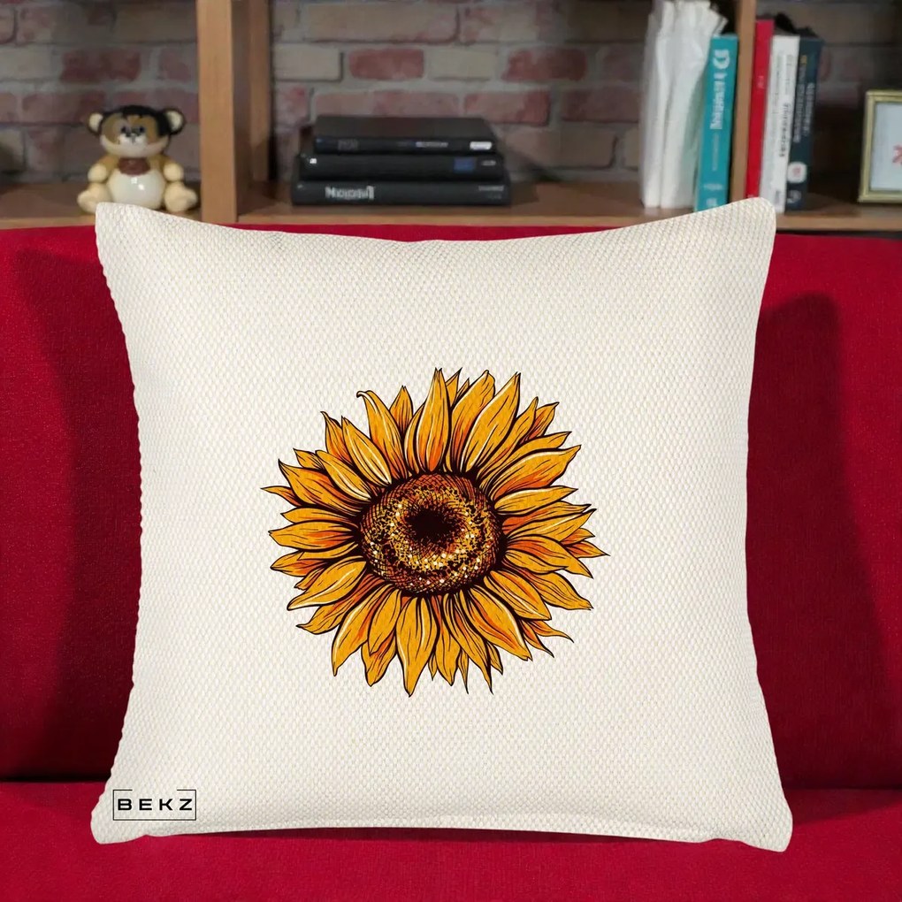 Perna Decorativa Floarea Soarelui Vibranta, 40x40 cm, Crem Reliefat, Husa Detasabila, Perna Inclusa, BEKZ®