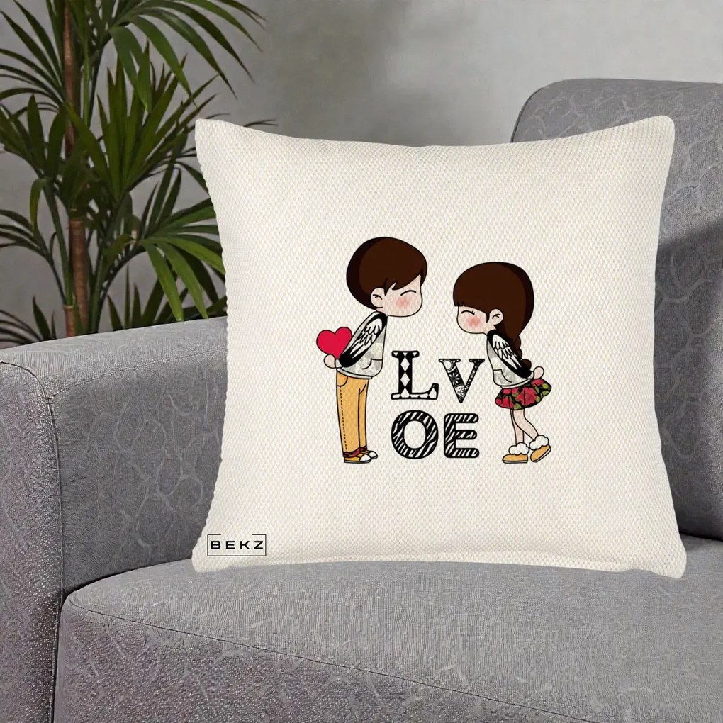 Cadou Romantic - Perna Personalizata Cuplu Kawaii LOVE, 40x40 cm, Crem Reliefat, Husa Detasabila, Perna Inclusa, BEKZ®