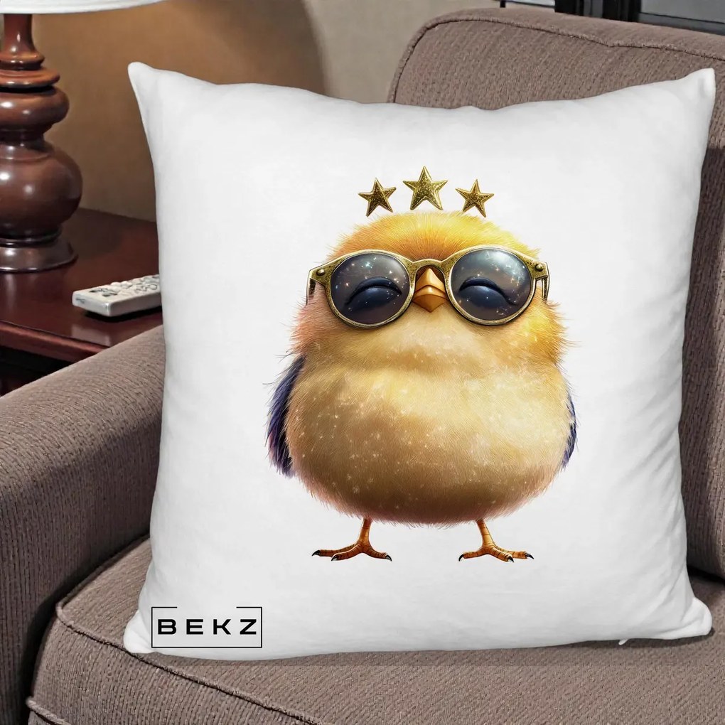 Perna Decorativa Pui Gold Star cu Ochelari Aurii, 40x40 cm, Alb Pufos, Husa Detasabila, Perna Inclusa, BEKZ®