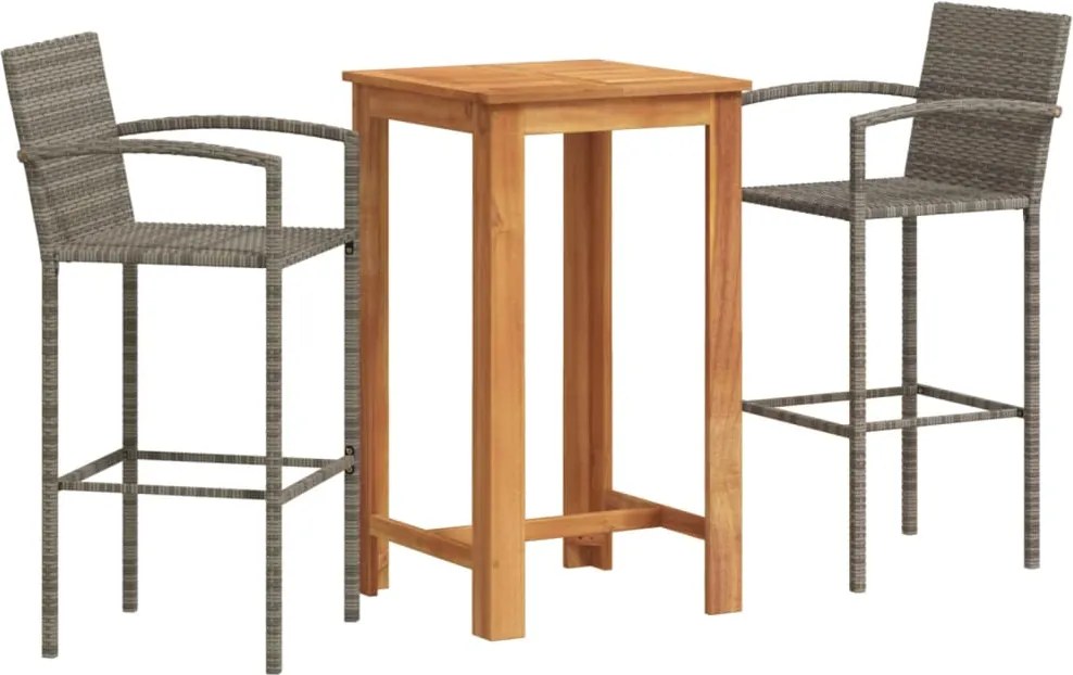 vidaXL Set bar de grădină, 3 piese, gri, lemn masiv acacia/ poliratan