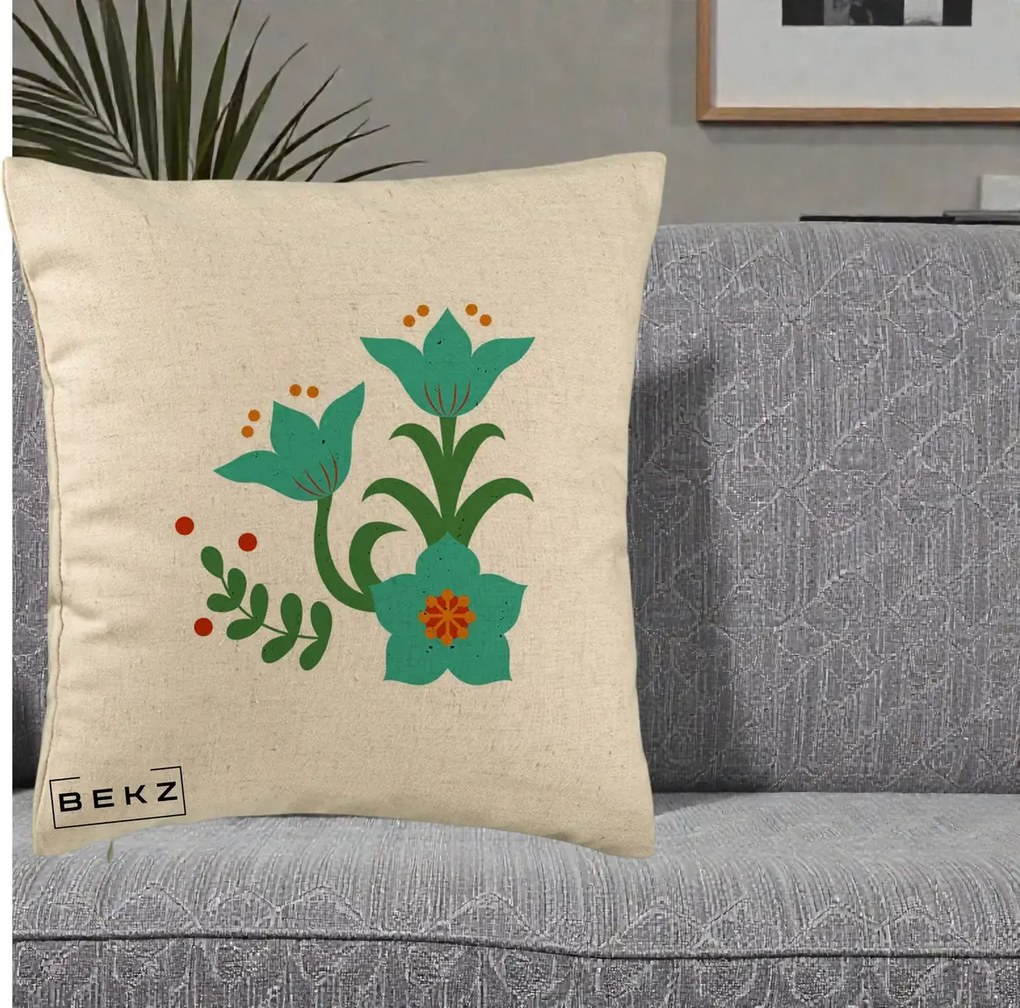Perna Decorativa Flori Stilizate Folk Turcoaz, 40x40 cm, Bej, Husa Detasabila, Perna Inclusa, BEKZ®
