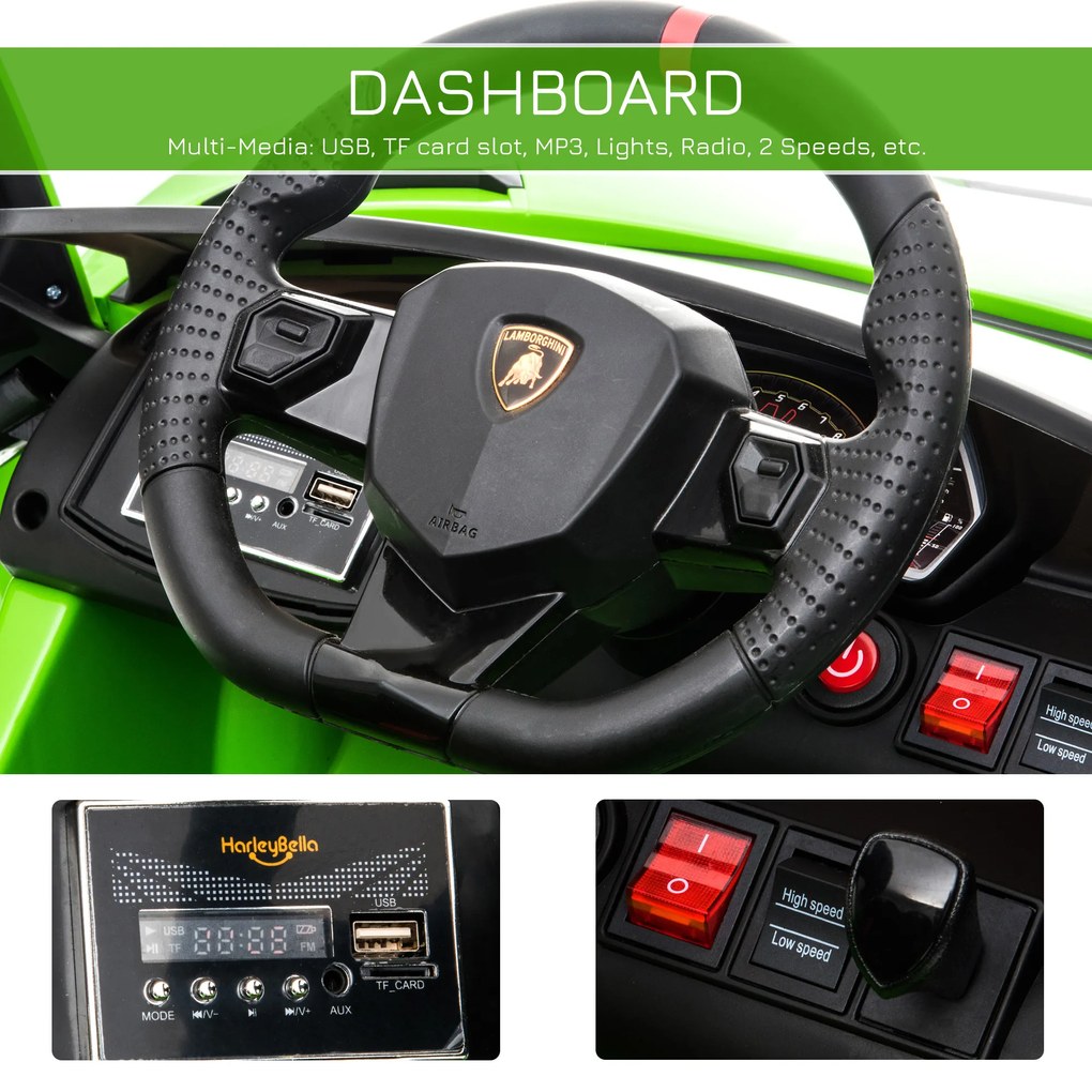 HOMCOM Masina Electrica pentru Copii, Automobil Lamborghini Aventador cu Telecomanda, Faruri LED, Muzica, Varsta 3-8 Ani, Verde | Aosom Romania