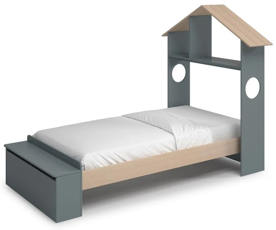 Pat pentru copii în culoare naturală/verde prăfuit de tip casă cu aspect de lemn de pin cu spațiu de depozitare cu somieră 90x190 cm Odessa – Marckeric