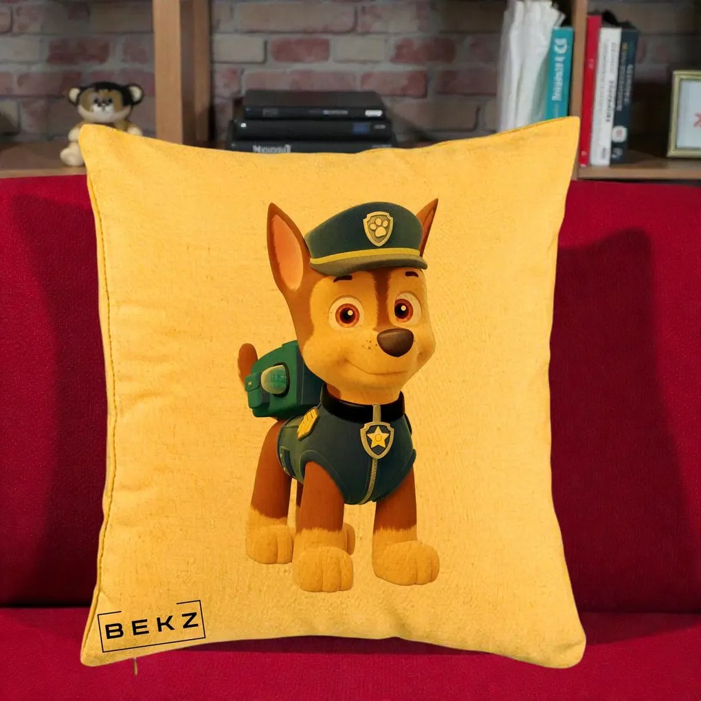Perna Personalizata Chase PAW Patrol Albastru, 40x40 cm, Galben, Husa Detasabila, Perna Inclusa, BEKZ®