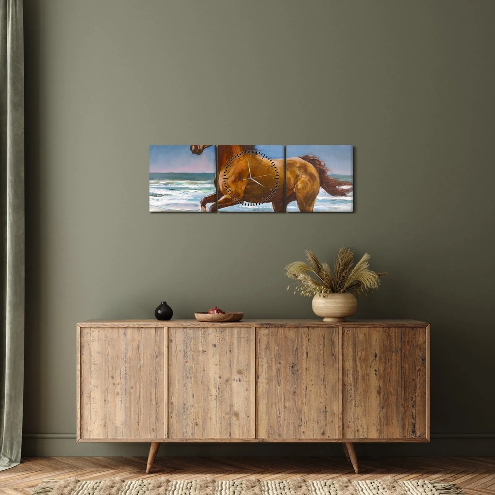 Tablou - Caii pe plajă (cu ceas) (90x30 cm)
