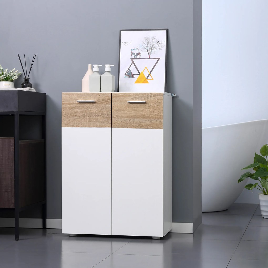 kleankin Dulap de Podea pentru Baie cu 2 Uși și Rafturi Interioare Reglabile Mobilier Auxiliar din Lemn Multifuncțional pentru Living Bucătărie Dining 60x30x85 cm Alb | Aosom Romania