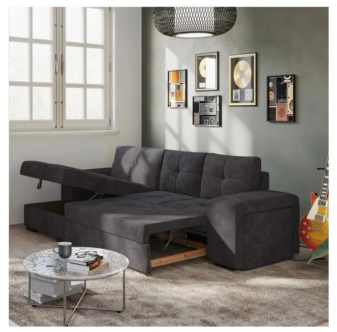 Canapea extensibilă cu spațiu de depozitare și taburet PALERMO, neagră, pe stânga