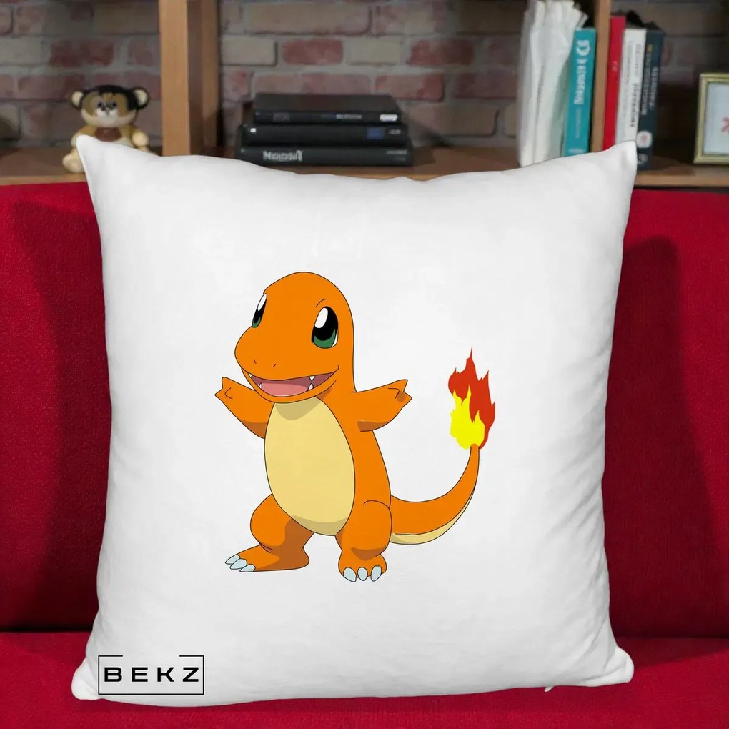 Perna Personalizata Charmander Pokemon, 40x40 cm, Alb Pufos, Husa Detasabila, Perna Inclusa, BEKZ®