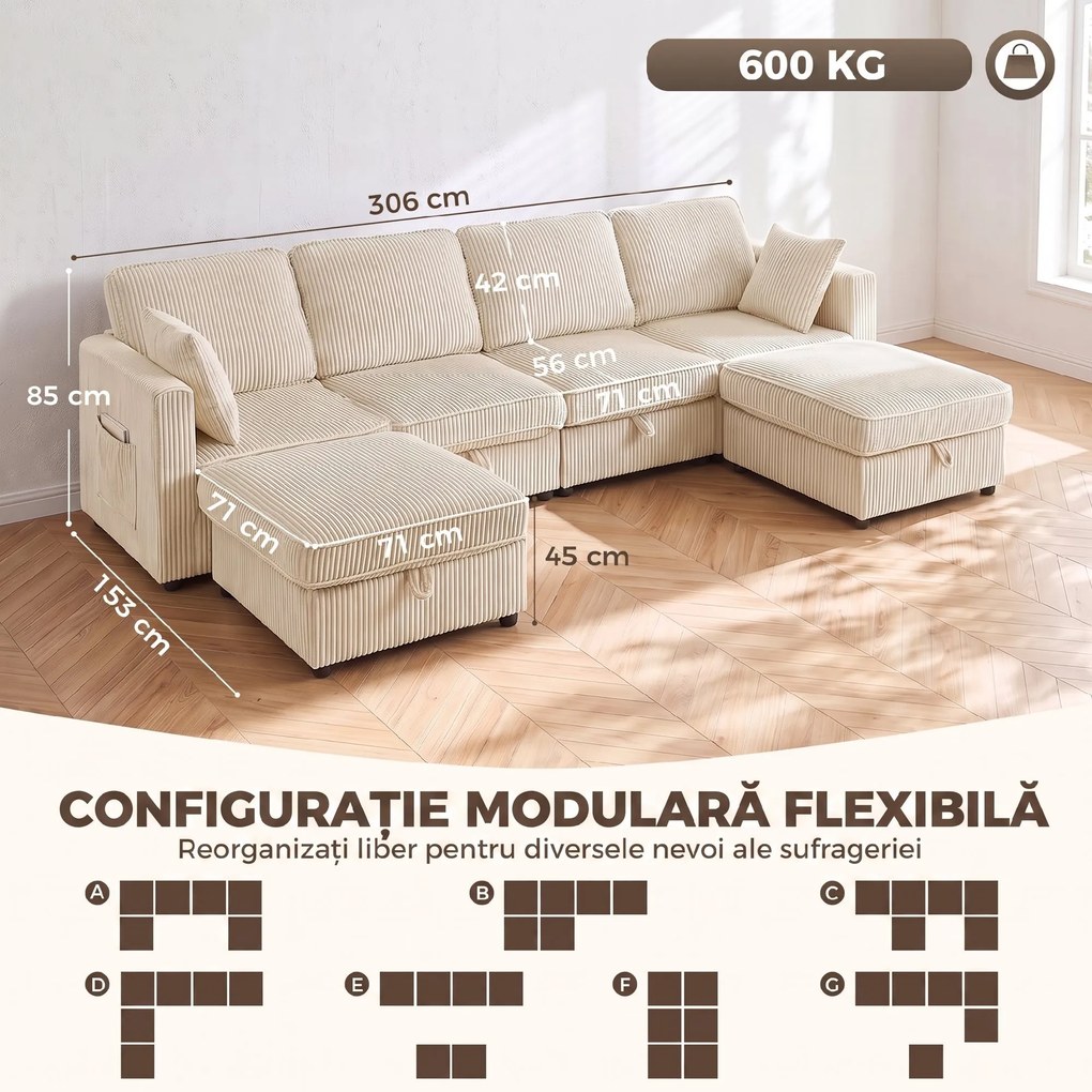 HOMCOM Canapea Modulară în U cu 4 Locuri, 2 Pufuri cu Depozitare, Catifea Reiată, 306x153x85 cm, Crem | Aosom Romania