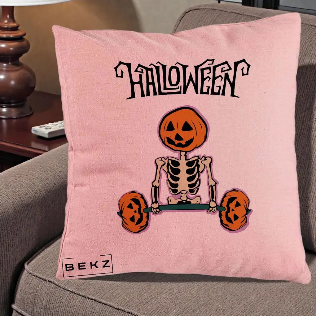 Perna Decorativa Halloween Schelet cu Cap de Dovleac Powerlifting, 40x40 cm, Roz, Husa Detasabila, Perna Inclusa, BEKZ®
